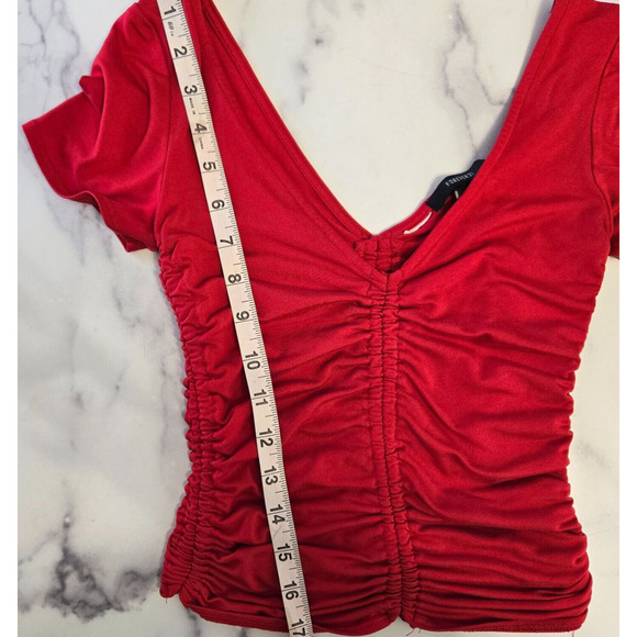 Forever 21 Womens Ruched Cropped Top Small Red V Neck T Shirt Short Sleeve Sexy - Picture 7 of 7